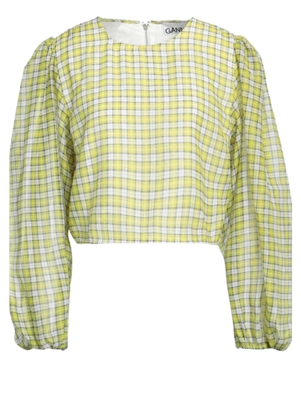 Ganni Yellow and White Plaid Cropped Puff-Sleeve Top